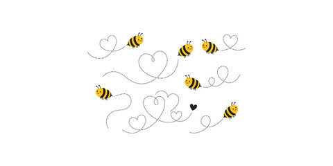 Group of cute cartoon bumblebees with dotted flight paths and a black heart, flying around on transparent background.