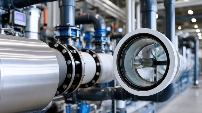 Industrial water treatment piping with flow meter and valves for process monitoring, engineering brochure and technical background for infrastructure