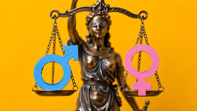 Gender equality concept with balanced scales, female and male symbols and golden justice statue, representing equality, rights, diversity and inclusion