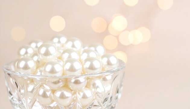Glass bowl filled with shiny white pearls under soft light