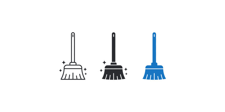 Three different brooms for cleaning and sweeping on transparent background, household and janitorial tools.