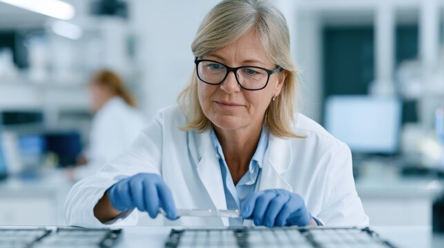 Female scientist in laboratory conducting research with gloves and pipette for medical testing and research presentation background
