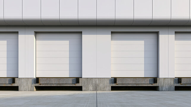 Modern warehouse building exterior with multiple loading docks and closed roller shutter doors, indicating logistics, distribution, and storage operations