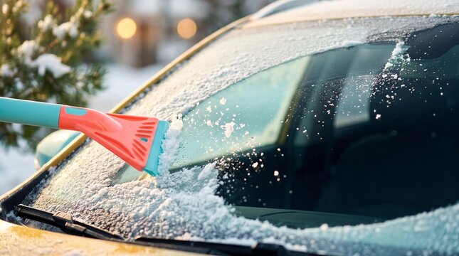 frosted car windshield. Snow scraper clearing ice and snow from a car windshield during winter, demonstrating cold weather vehicle maintenance 