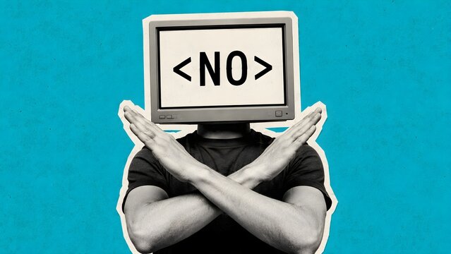 No decision concept with crossed arms and computer screen showing no symbol representing rejection refusal error limitation security and technology barriers