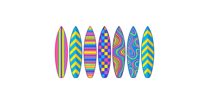 Colorful surfboards displayed in a row on transparent background with unique psychedelic patterns and abstract designs.