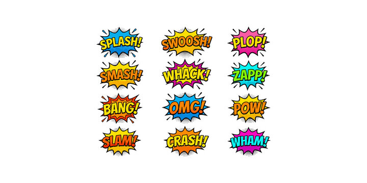 Collection of comic book sound effects in speech bubbles, pop art style, vibrant colors, explosive impact words.