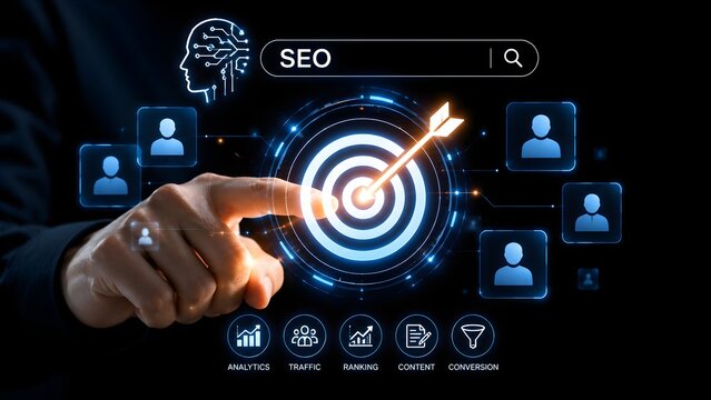 Digital SEO marketing concept with glowing target interface and connected user icons representing search optimization online advertising customer acquisition analytics and growth
