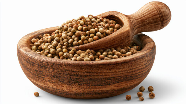Wooden bowl and scoop filled with coriander seeds isolated on white background