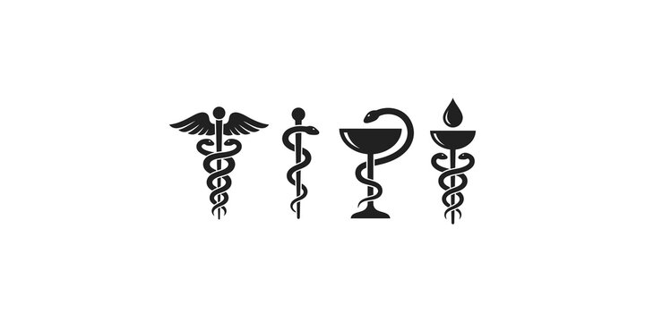 Medical caduceus symbol variations collection including staff of hermes rod of asclepius and bowls of hygeia in clean black aesthetic.