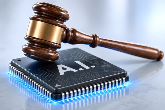Artificial intelligence law and regulation concept featuring judge gavel over glowing AI processor chip representing governance ethics compliance technology and justice