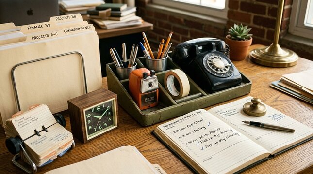 Overhead flat lay of stationery items on a wooden desk surface, including notebooks pens paperclips and inks for creative work or study time, perfect for writing inspiration