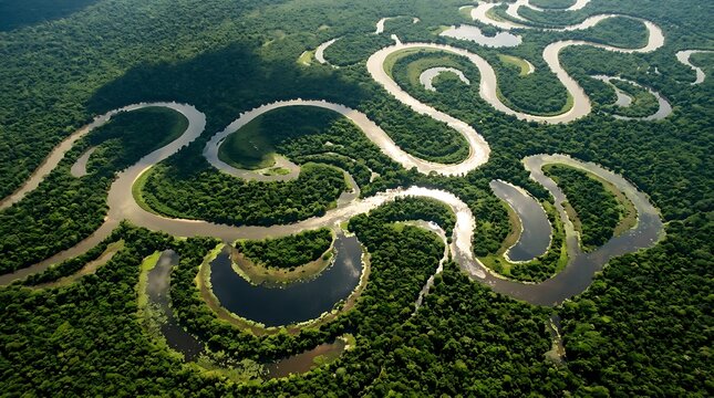 Amazon River Meanders Oxbow Lake Aerial Brazil Rainforest Green Wilderness