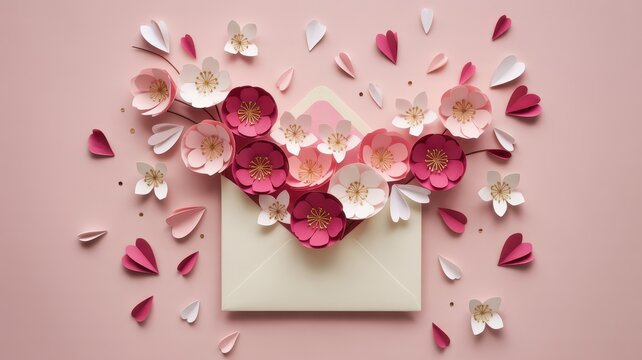 Paper envelope with handmade pink and white paper flowers and floating heart petals on a soft pastel background surface