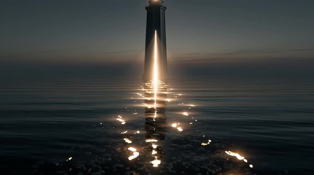 Monumental lighthouse standing in the middle of a calm ocean, its powerful beam revealing invisible pathways across the water instead of guiding ships. Surreal photorealistic scene symbolizing directi