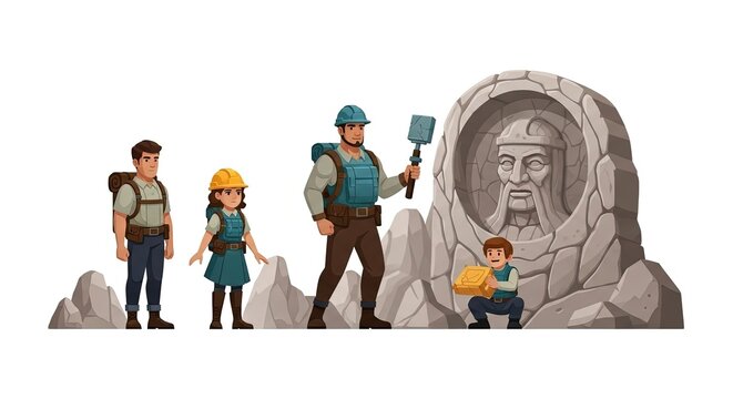 Diverse Adventurer Team Discovers Ancient Stone Carving and Treasure Chest in Exciting Exploration Scene