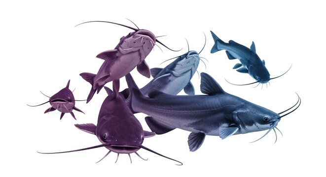 Group of Catfish Swimming in Mysterious, Deep Blue and Purple Water - Aquatic Life