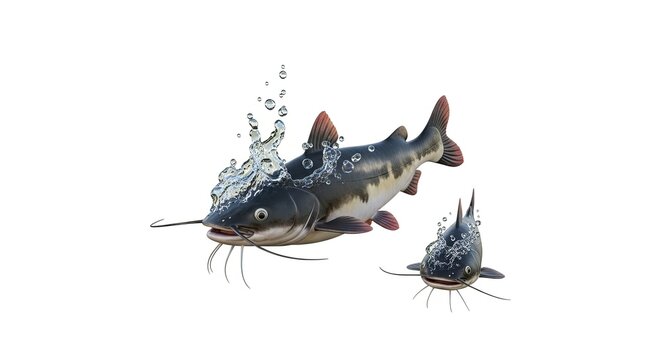 Two Catfish Underwater with Bubbles and Splashing Water, Isolated on White Background