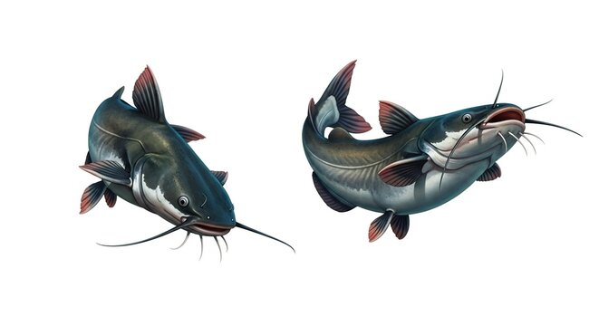 Two detailed illustrations of Channel Catfish, isolated on white background, showcasing their distinctive barbels and fins.