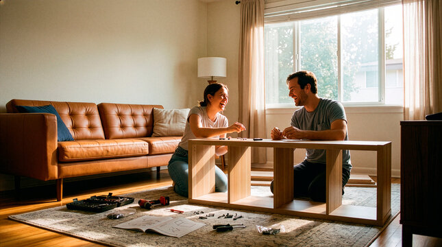 A couple assembling furniture together in their living room. The scene is bright and airy, with sunlight streaming in from a large window