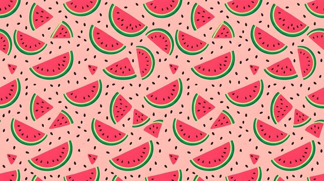 Playful watermelon pattern with pink green and black fruit slices on a bright background for summer fabric wallpaper packaging and decor