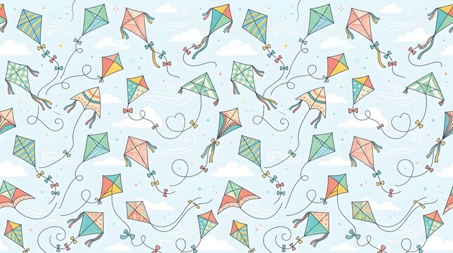 Whimsical seamless kite pattern with colorful flying kites clouds and playful line art for children's fabric wallpaper stationery and decor