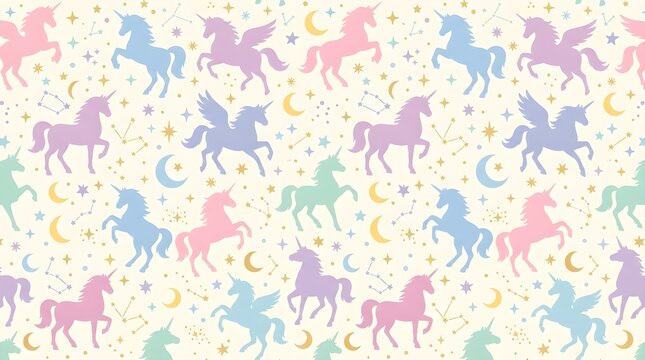 Pastel unicorn pattern with stars moons clouds and magical elements for seamless children's fabric wallpaper stationery and nursery decor