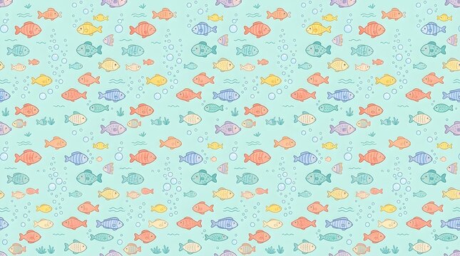 Cute seamless underwater fish pattern with colorful aquatic creatures and bubbles for children's fabric wallpaper stationery and decor