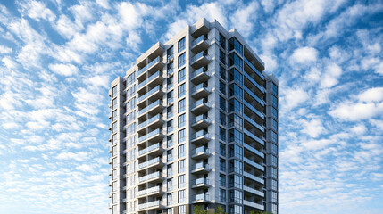 Fototapeta premium Modern highrise residential building with glass balconies against a blue sky with white clouds