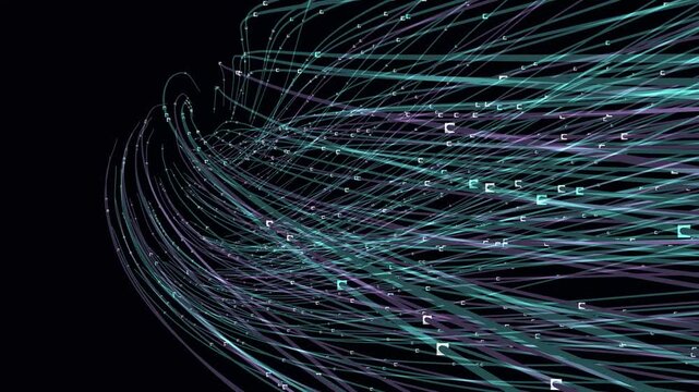 Fiber optic data highway 4K animation, high speed optical light pulses streaming through curved 3D fibers, electric blue telecom motion background