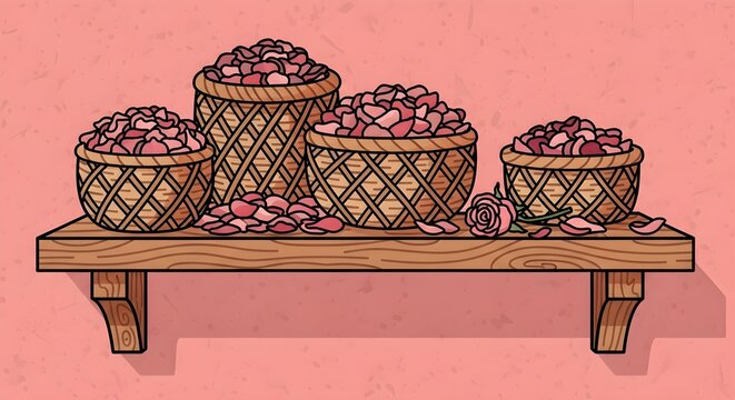 Handdrawn woven baskets filled with colorful berries on a rustic shelf against pink background for charming food packaging and decor