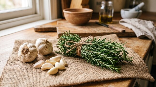 Fresh garlic bulbs, loose cloves, and a bundle of aromatic rosemary on a rustic wooden kitchen counter