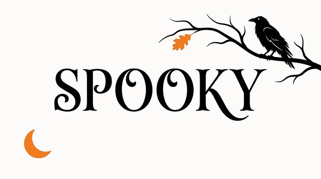 Spooky Halloween-Themed Typography with Crow, Falling Leaf, and Crescent Moon Vector Illustration Featuring Raven, Bird, Autumn