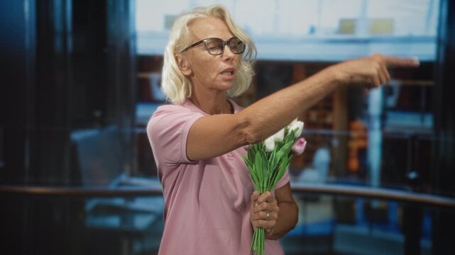 Woman holding a bouquet points finger and gestures toward a direction in a building interior; quiet determination.