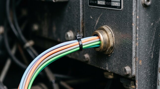 Close Up of Multicolored Industrial Electrical Wires Secured with Cable Tie on Equipment