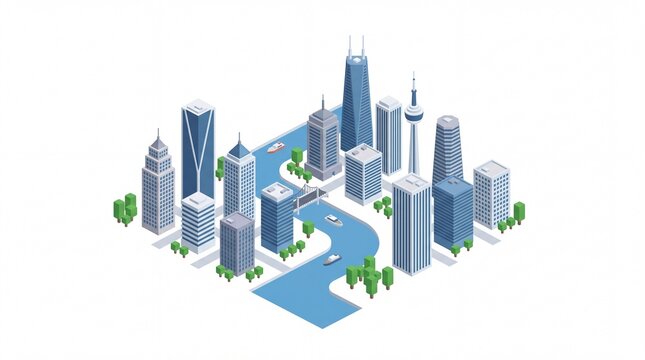 Metropolis skyline featuring high-rise towers and corporate headquarters arranged along a winding blue river in an isometric layout.