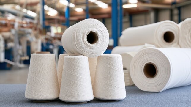 Stacked cotton yarn cones and large fabric rolls in textile mill for design, packaging and background use - raw natural fiber materials for sustainable industrial interiors