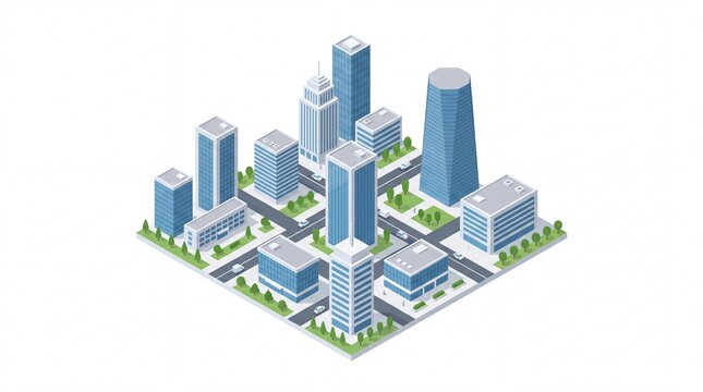 Urban grid featuring isometric office towers, intersecting streets, and green trees in a modern city layout vector.