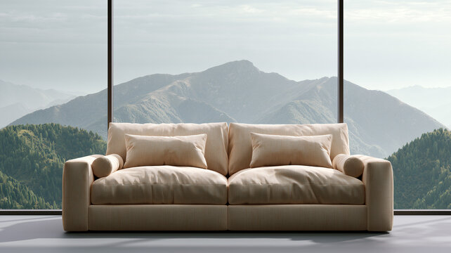 A beige fabric sofa with two seat cushions and two back cushions is placed centrally in front of a floor to ceiling picture window. two matching rectangular toss pillows rest. Ai generat