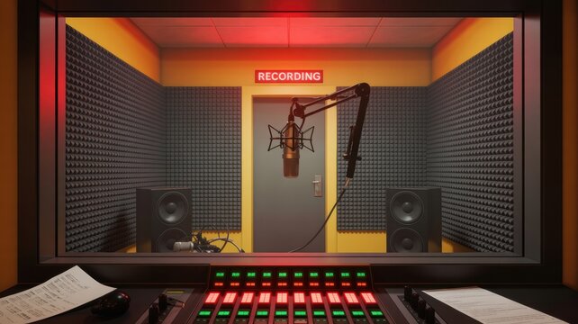 Professional sound recording studio booth with a condenser microphone acoustic foam panels audio mixing console and a glowing recording sign