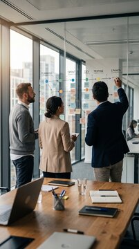 Business colleagues discussing project in modern office meeting room