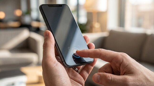 Person scanning fingerprint on smartphone for security authentication