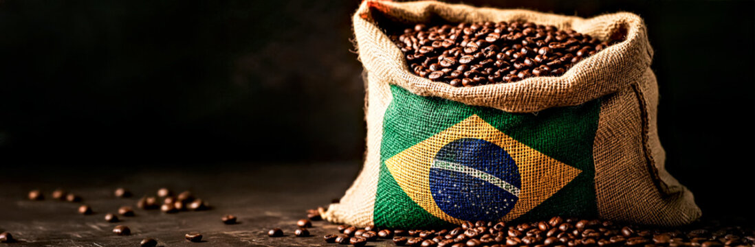 Bag Full of Roasted Coffee Beans with Printed Brazil Flag