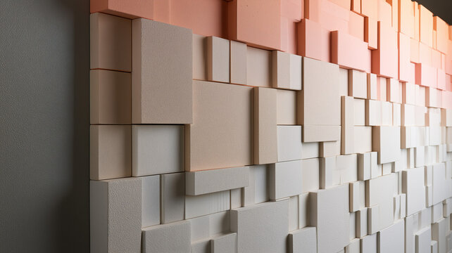A geometric wall feature constructed from rectangular panels of different sizes and depths. the panels are organized in an asymmetrical grid. Ai generat