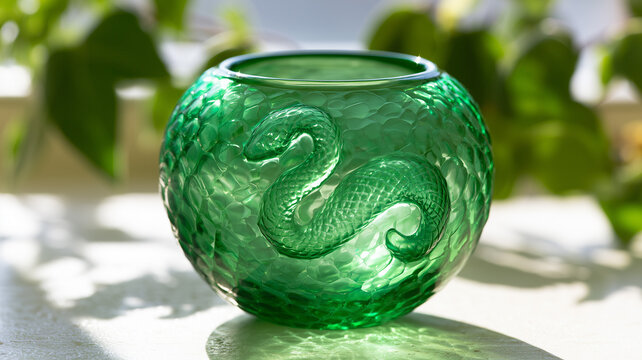A green glass vessel shaped like a sphere with an open top sits on a light surface. a molded snake shape is visible on the front of the vessel, surrounded. Ai generat