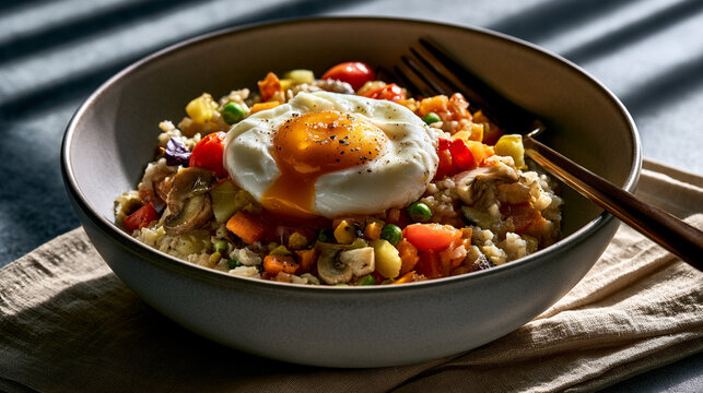 A delicious bowl of vegetable fried rice topped with a perfectly poached egg, featuring colorful mixed vegetables and mushrooms
