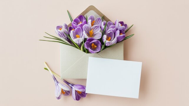 Purple crocus flowers inside a kraft paper envelope with a blank white card for greeting on a pastel background