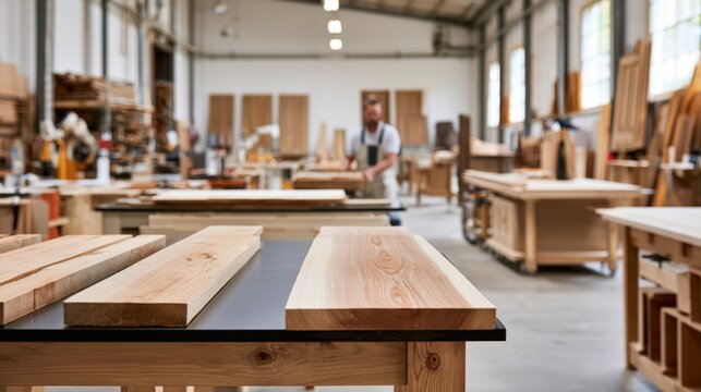 Wood workshop interior with lumber on workbench for carpentry project and woodworking design, versatile woodworking background for craft websites, brochures and manufacturing presentations