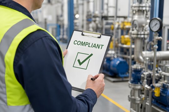 A worker in a factory holds a clipboard showing COMPLIANT with a checkmark.