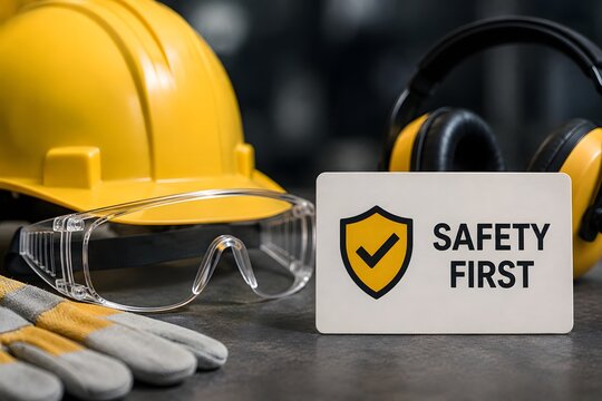 Safety first sign with hard hat, glasses, headphones, and gloves for industrial safety concept.